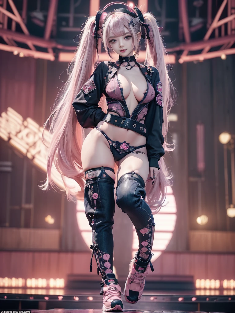 (Full Body View:1.4)、(lotus position:1.1)、(Smiling with teeth showing:1.3),(Shibuya Gal:1.5)、(Gothic ta style fashion:1.5)、(Punk RockVisual Kei:1.5)、(Wearing a rhythmic gymnastics bodysuit with intricate details:1.4)、(Racing suit and pants with intricate decorations in magenta, denim and wine red:1.5)、(Red, brown and white boots:1.3)、((belt))、(Numerous delicate logo marks all over the costume:1.4)、(collar:1.3)、(Striped underwear:1.5)、20-year-old、NSFW、((Highest quality、In 8K、masterpiece:1.3))、Sharp focus:1.2、(Layered Cut、Huge boobs:1.1),Beautiful woman with perfect figure:1.4、(Dancing vigorously:1.3)、Slender Abs:1.2、Highly detailed face and skin texture、Detailed eyes、double eyelid,(Twin tails:1.3)、(Pink and cream hair:1.3)、Gravure idol、(The background is the stage of the fashion show:1.3)、(Slim body:1.3),(Make your legs thinner:1.4),(clavicle:1.1)、(Thin and slim thighs:1.3)