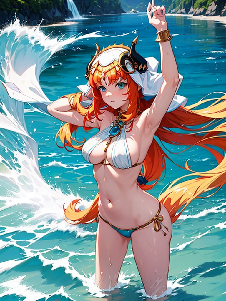 a woman in a bikini is in the water with her hands on her head, an anime drawing by Kentaro Miura, pixiv, process art, blonde anime girl with long hair, seductive anime girl, top rated on pixiv, anime goddess, beautiful alluring anime teen, clean detailed anime art, blonde goddess, beautiful alluring anime woman, (anime girl)