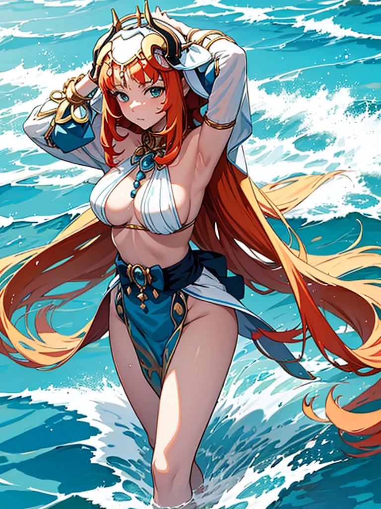 a woman in a bikini is in the water with her hands on her head, an anime drawing by Kentaro Miura, pixiv, process art, blonde anime girl with long hair, seductive anime girl, top rated on pixiv, anime goddess, beautiful alluring anime teen, clean detailed anime art, blonde goddess, beautiful alluring anime woman, (anime girl)