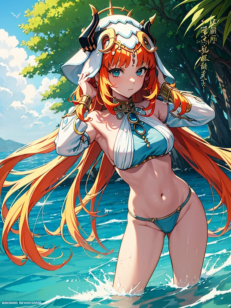 a woman in a bikini is in the water with her hands on her head, an anime drawing by Kentaro Miura, pixiv, process art, blonde anime girl with long hair, seductive anime girl, top rated on pixiv, anime goddess, beautiful alluring anime teen, clean detailed anime art, blonde goddess, beautiful alluring anime woman, (anime girl)