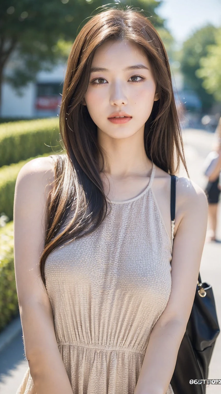 ((Best quality, 8K, masterpiece:1.3))，1girl，18 years old，Asian，Real texture:1.3，(Background blur:1.3)，Gorgeous long dress，Tall and slender figure:1.2，(Hot summer weather)，（street:1.3），Highly detailed face and skin textures，Exquisite eyes，Long eyelashes，Double eyelids，Skin Whitening，happy，Big breasts