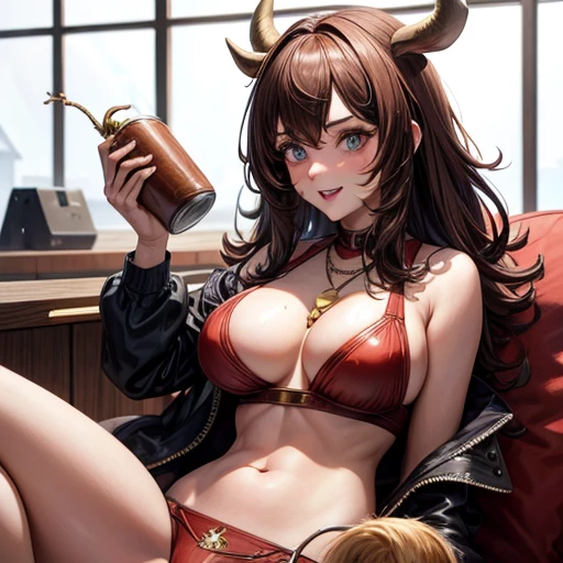 Minotaur woman eating beef　Brown Hair　Large Breasts　Wearing a cowbell necklace