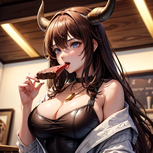 Minotaur woman eating beef　Brown Hair　Large Breasts　Wearing a cowbell necklace