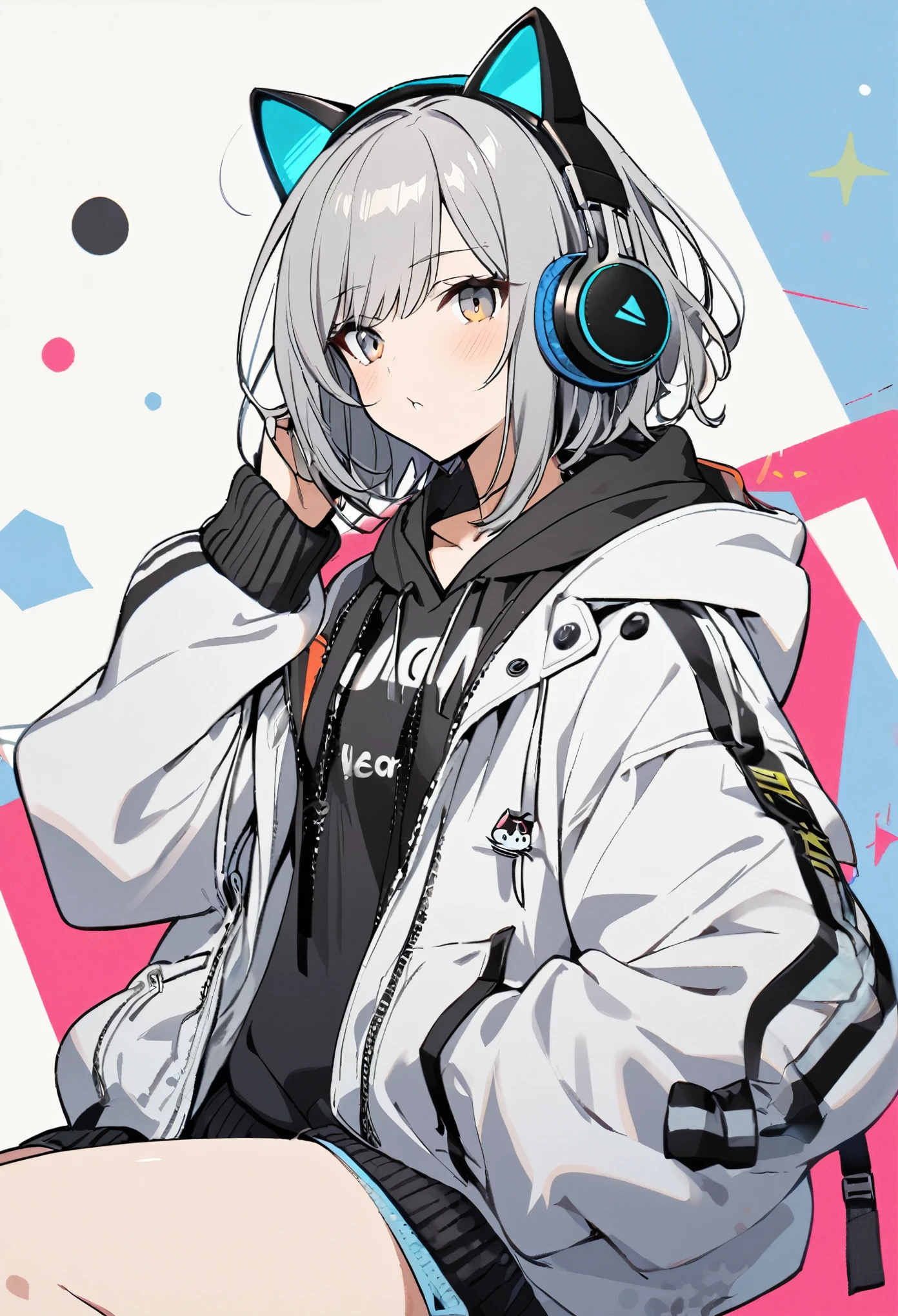 1 girl, gray hair, cat ear, headphone, hoodie, stylish
