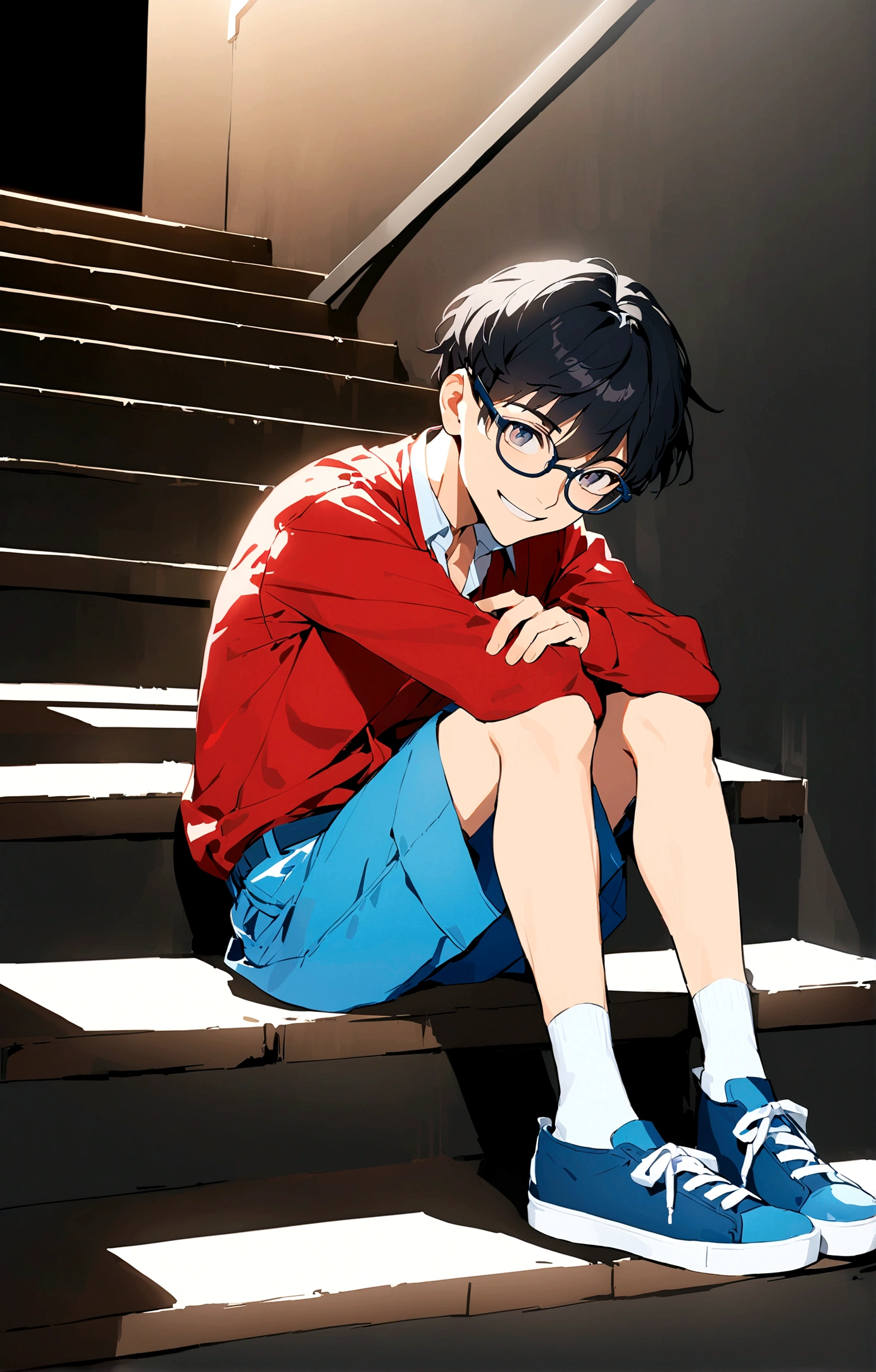 Nobita Nobi,solo, smile, simple background, shirt, black hair, long sleeves, 1boy, sitting, full body, male focus, shoes, glasses, shorts, socks, collared shirt, black background, red shirt, blue shorts, blue footwear, stairs