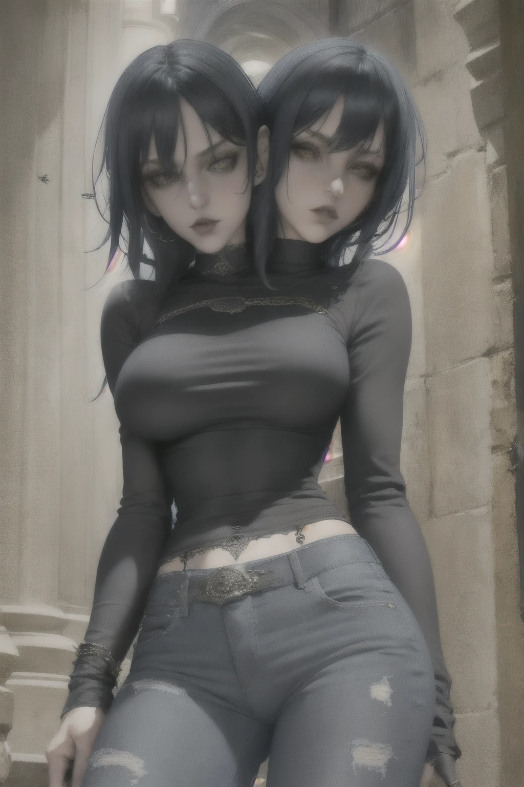 night, long blunt bangs, dark, blue cutoff jeans, Woman, (emo, gothic, dark), dark clothing, portrait, standing, (two heads)