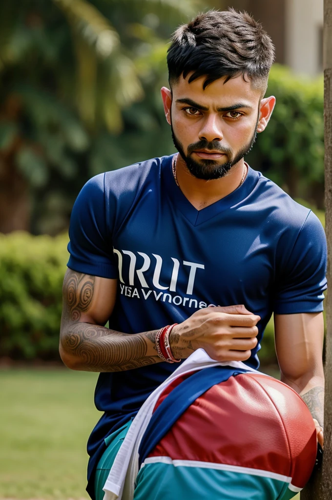 Create a realistic image of a boy with Virat Kohli