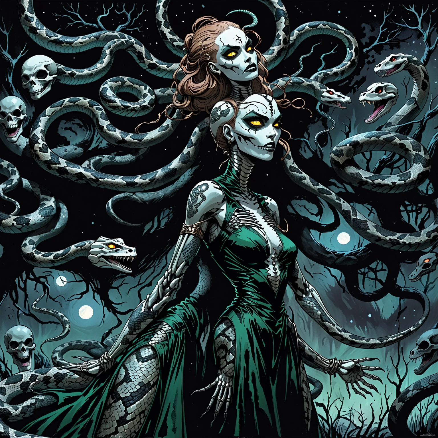 Medusa, wearing snake skin dress cosmic abyss velvet black dress, only light source dazzling glistening reflections of starlight and moonlight off elegant and eloquent dress, unfinished expressive rough-sketch splash page decompressed comic cover art, ink style figure, ((expressive Joelle Jones and "Sean Gordon Murphy" comic drawing)), wordless, cinematic poster, morphology anatomy drawn Frederic Delavier musculature anatomical illustration, (face, ornate blackmetal corpsepaint, resembles Grace Jones), abyss void black no visibility darkness, full length portrait, (background, pine barrens, entropy, rewilding, magic hour sunset, galaxy stars, cosmos), (colors, bleak muted deep fiery radiant glowing ROYGBIV, forest green, earth brown), candid, snake skin dress, (body, Naga, snakefolk, lower body snake tail, snake woman hybrid, bald, hairless, skeleton, snake skin tattoos, piercing eyes, snake pupils, over the shoulder), craftsmanship nuance, (Gerardo Zaffino charcoal), (horror, abstract, surreal, body, cosmic), subliminal orchids, nyctophobia, silhouette, double exposure, image within image,
