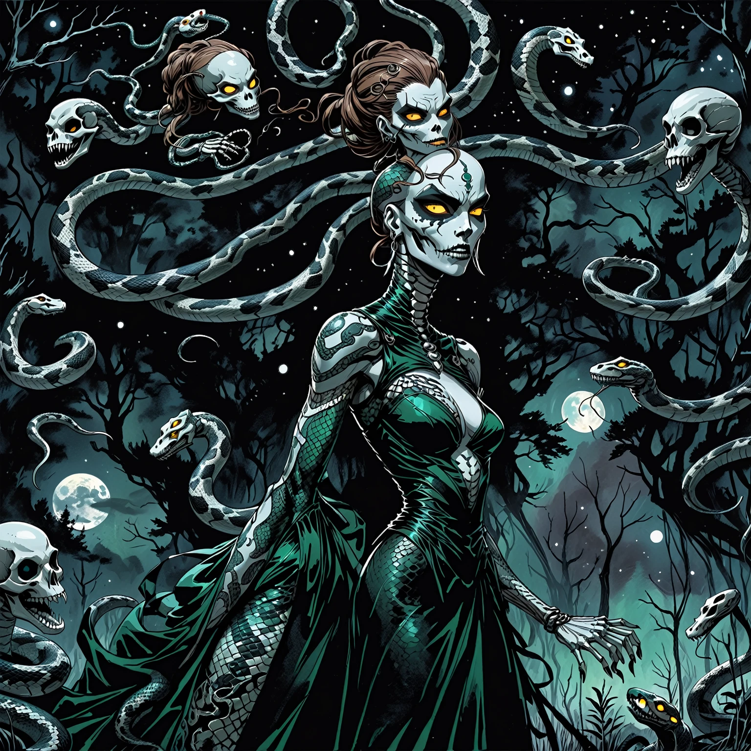 Medusa, wearing snake skin dress cosmic abyss velvet black dress, only light source dazzling glistening reflections of starlight and moonlight off elegant and eloquent dress, unfinished expressive rough-sketch splash page decompressed comic cover art, ink style figure, ((expressive Joelle Jones and "Sean Gordon Murphy" comic drawing)), wordless, cinematic poster, morphology anatomy drawn Frederic Delavier musculature anatomical illustration, (face, ornate blackmetal corpsepaint, resembles Grace Jones), abyss void black no visibility darkness, full length portrait, (background, pine barrens, entropy, rewilding, magic hour sunset, galaxy stars, cosmos), (colors, bleak muted deep fiery radiant glowing ROYGBIV, forest green, earth brown), candid, snake skin dress, (body, Naga, snakefolk, lower body snake tail, snake woman hybrid, bald, hairless, skeleton, snake skin tattoos, piercing eyes, snake pupils, over the shoulder), craftsmanship nuance, (Gerardo Zaffino charcoal), (horror, abstract, surreal, body, cosmic), subliminal orchids, nyctophobia, silhouette, double exposure, image within image,
