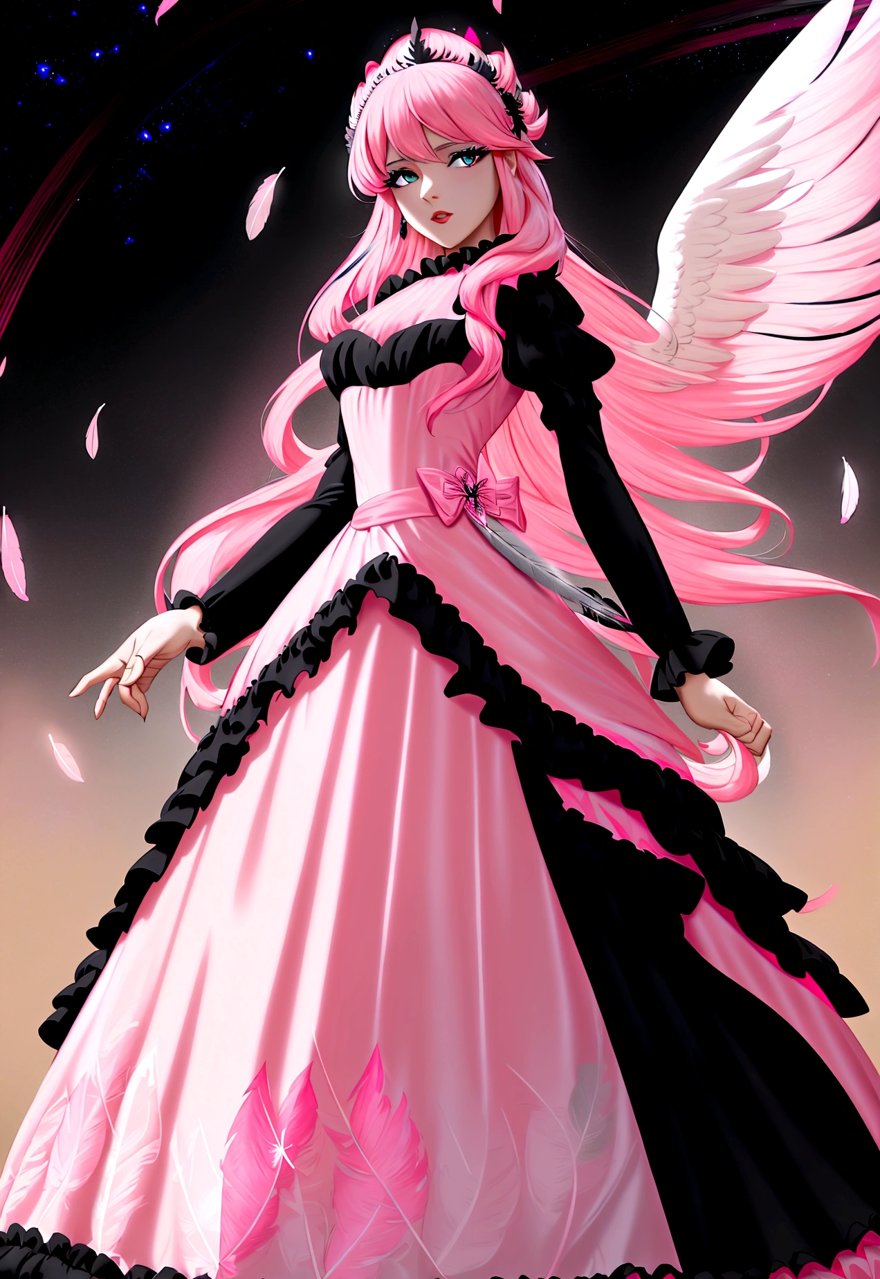 Alafid, a picture of a female Angel in high society prom event, divine beautiful female Angel, Red hair, Long hair, Flowing hair, Hair shimmers in the soft light, Azure eyes, Deep and bright eyes, Divine female face, (spread white feather wing: 1.2), She is wearing ((Pink and black evening dress: 1.5)), elegant, Dress with exquisite details, Silk dress, Small cracks, There are some crystals on the skirt,  she wears elegant knee high heeled boots, Exquisite knee-high heel boots, She stood on the porch of a fantasy castle, Dynamic Angle, Soft flashlight, (masterpiece: 1.5), 16K, high resolution, best quality, High Detail, Extremely detailed, masterpiece, best quality, (Extremely detailed), AngelStyle, GlowingRunesAI_Light blue, Angel_wing, Angel