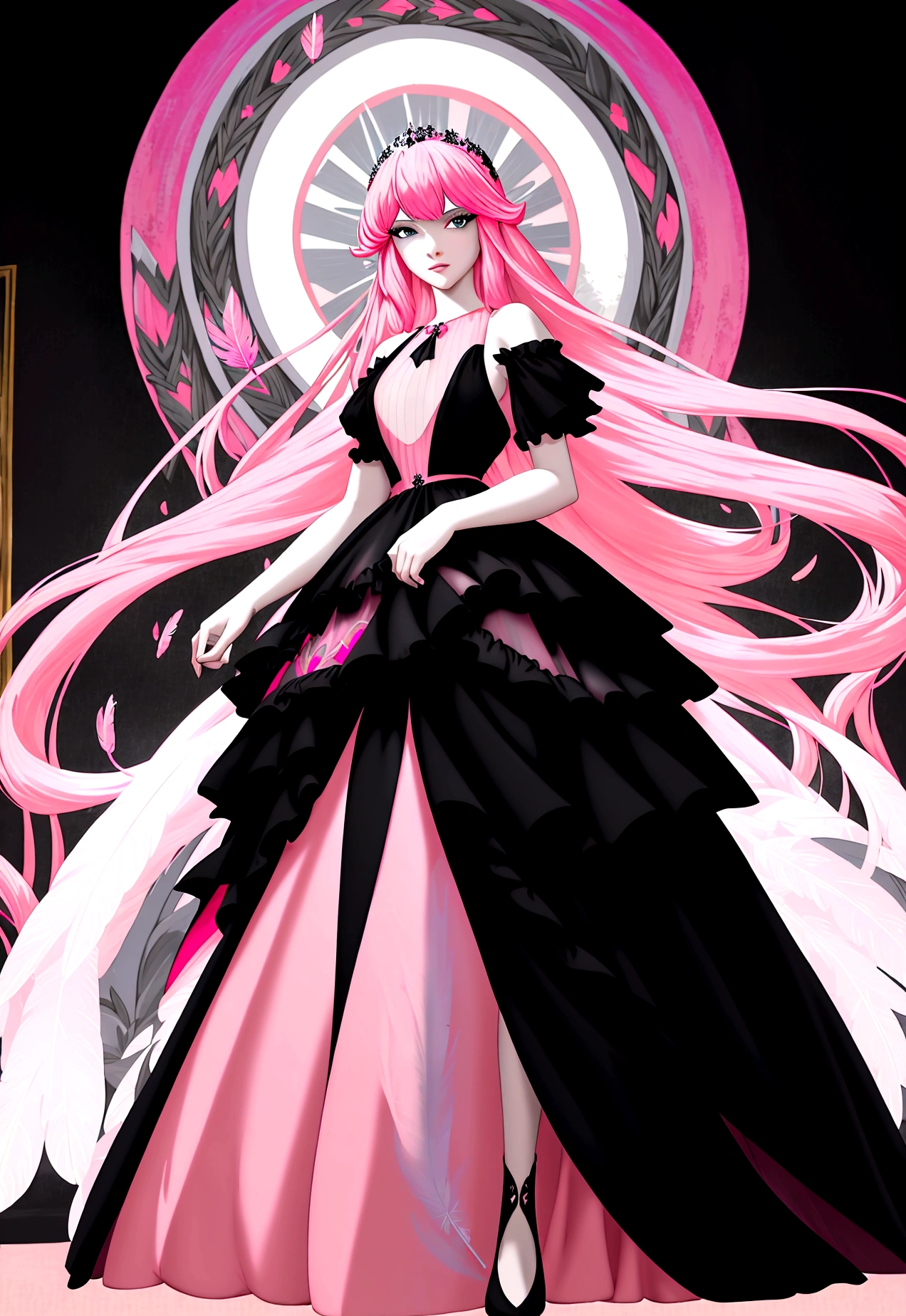 Alafid, a picture of a female Angel in high society prom event, divine beautiful female Angel, Red hair, Long hair, Flowing hair, Hair shimmers in the soft light, Azure eyes, Deep and bright eyes, Divine female face, (spread white feather wing: 1.2), She is wearing ((Pink and black evening dress: 1.5)), elegant, Dress with exquisite details, Silk dress, Small cracks, There are some crystals on the skirt,  she wears elegant knee high heeled boots, Exquisite knee-high heel boots, She stood on the porch of a fantasy castle, Dynamic Angle, Soft flashlight, (masterpiece: 1.5), 16K, high resolution, best quality, High Detail, Extremely detailed, masterpiece, best quality, (Extremely detailed), AngelStyle, GlowingRunesAI_Light blue, Angel_wing, Angel