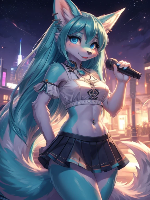 Chica anime,tennage girl 18 years old, anime style, cute hatsune miku x suicune, shy girl , Orejas de Kitsune, arte de dark natasha, city landscape, arte de vixen aztra, cuerpo completo, patas hermosas, cintura delgada, caderas amplias, navel white blouse, white&pink skirt, navel piercing, ear piercing, navel tattoo, atrevid pose, back pose, fluffly tail, sensual eyes (la mejor definicion) long hair, black flash, city party, city night life, party girl, idol girl, girl with microphone singing, deep blue eyes (HD), white&pink dress, super mega star idol, aura pura, silueta de luz, silueta radiante de luz dorada, su cuerpo brilla, best lighting in photography, mermaid mini skirt, sensual pose