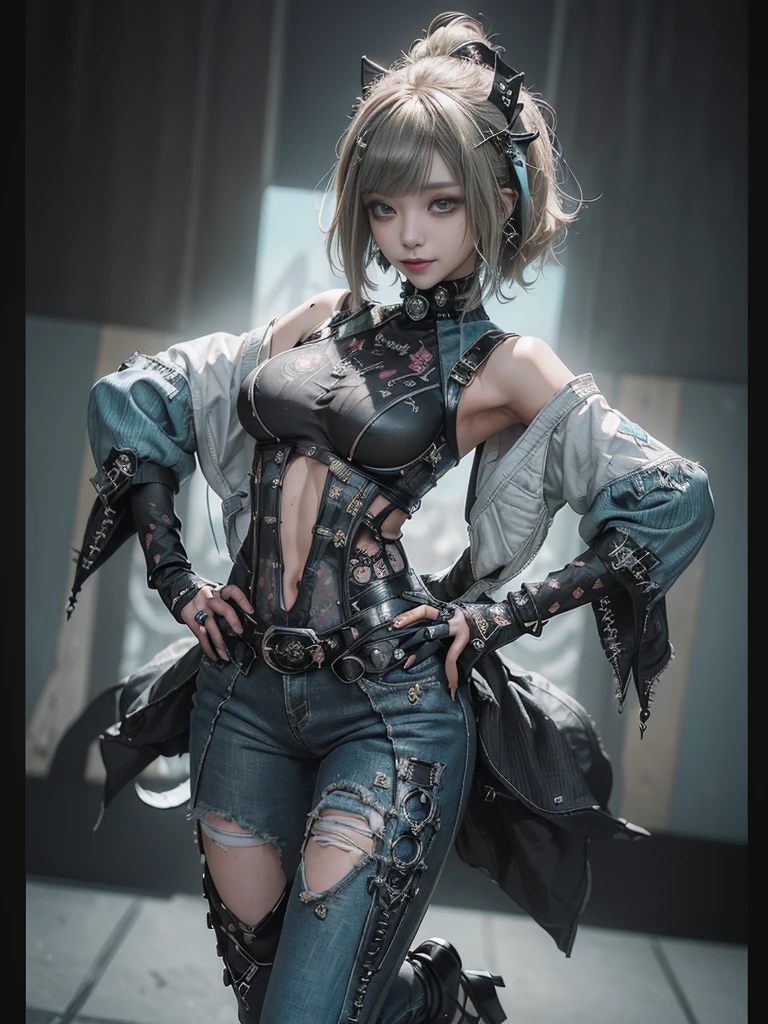 (Full Body View:1.4)、(Full body:1.3)、(Side view:1.1)、(Smiling with teeth showing:1.3),(Shibuya Gal:1.5)、(Gothic ta style fashion:1.5)、(Punk RockVisual Kei:1.5)、(Wearing a futuristic bodysuit with intricate turquoise embellishments:1.4)、(Racing suit and pants with intricate decorations in white, denim and charcoal:1.5)、(Denim with turquoise and white boots:1.3)、((belt))、(Numerous delicate logo marks all over the costume:1.4)、(collar:1.3)、(Striped underwear:1.5)、20-year-old、NSFW、((Highest quality、In 8K、masterpiece:1.3))、Sharp focus:1.2、(Layered Cut、Huge boobs:1.1),Beautiful woman with perfect figure:1.4、(Doing an aerobics pose:1.3)、Slender Abs:1.2、Highly detailed face and skin texture、Detailed eyes、double eyelid,(Short Bob Hair:1.3)、(Brown-golden hair:1.3)、Gravure idol、(The background is the stage of the fashion show:1.3)、(Slim body:1.3),(Make your legs thinner:1.4),(clavicle:1.1)
