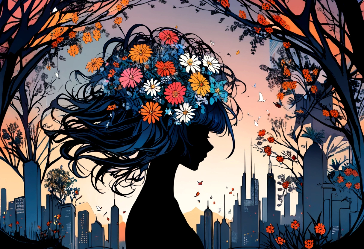 PStyl3, cityscape, negative space, abstract, woman, flowers