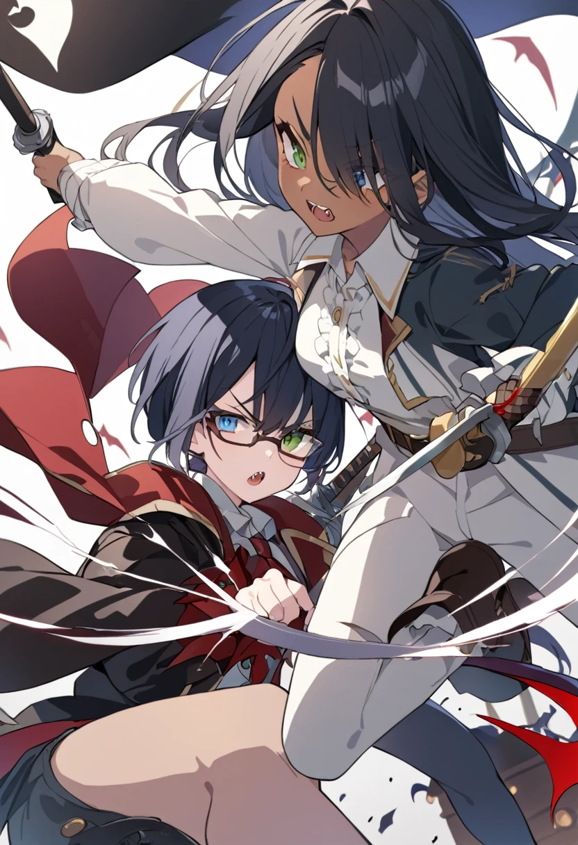 Two girls, a pirate with black hair, dark skin and green eyes, a patch on his right eye and a vampire with blue eyes and glasses, fighting with swords.