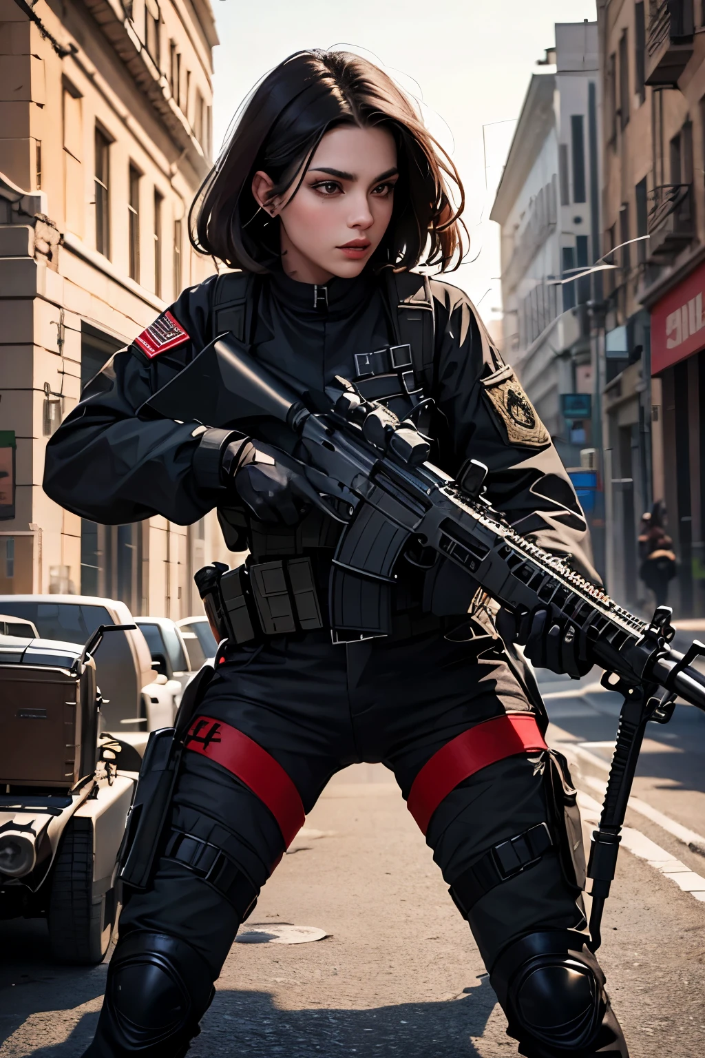 Terrible soldier wearing black and red tactical clothing, bravo e habilidoso, he is the best, destruction in the background, he points his guns at the camera, she is undead