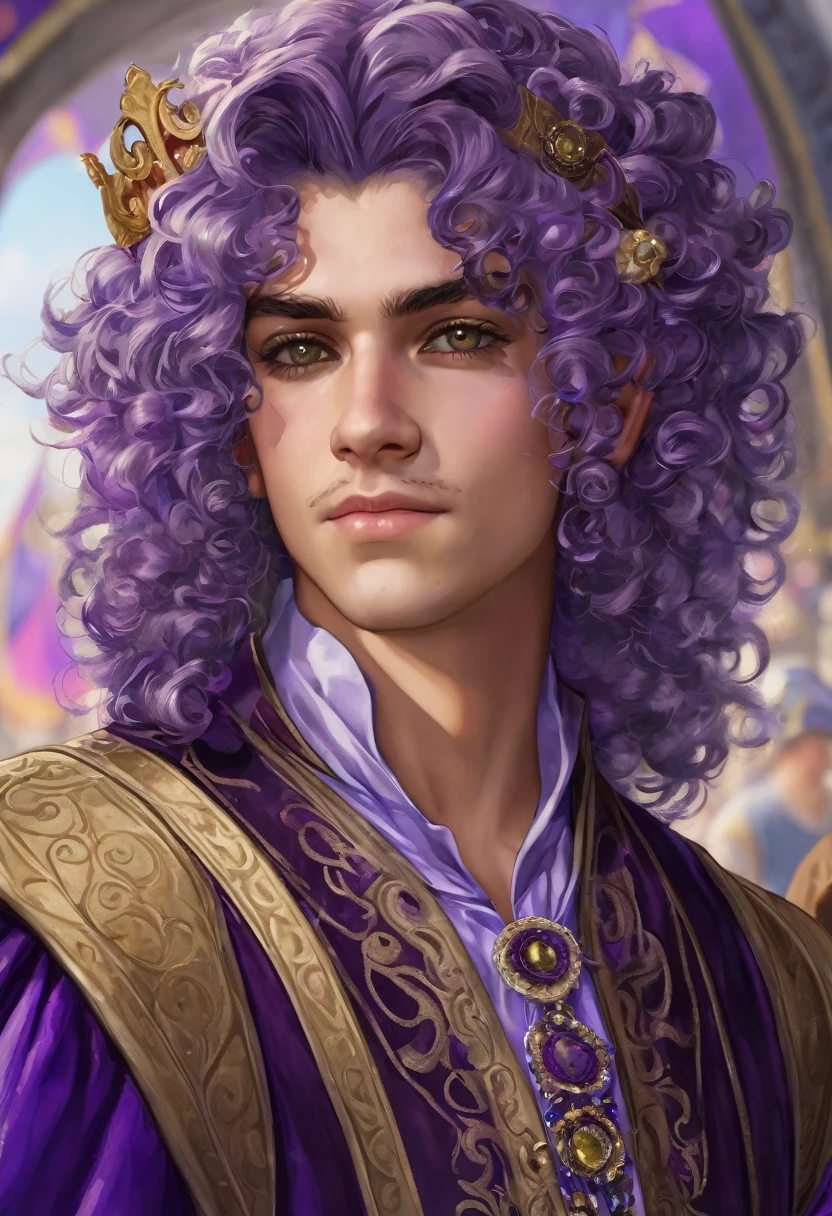 His approximate age is twenty years. Es rubia, de cabello rizado y denso,
hairstyle up with some curls falling. Tiene pendientes plateados y
en cuanto a su vestimenta, He seems to be wearing a strange purple medieval carnival costume..