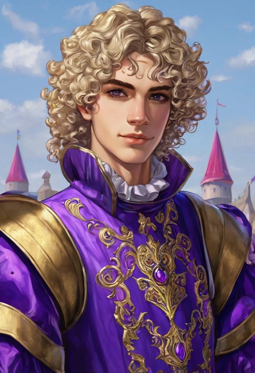 His approximate age is twenty years. Es rubia, de cabello rizado y denso,
hairstyle up with some curls falling. Tiene pendientes plateados y
en cuanto a su vestimenta, He seems to be wearing a strange purple medieval carnival costume..