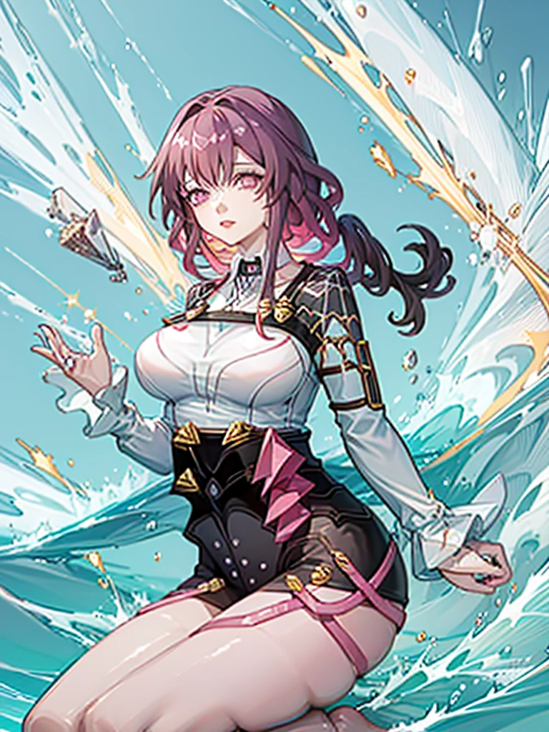 a woman in a bikini is in the water with her hands on her head, an anime drawing by Kentaro Miura, pixiv, process art, blonde anime girl with long hair, seductive anime girl, top rated on pixiv, anime goddess, beautiful alluring anime teen, clean detailed anime art, blonde goddess, beautiful alluring anime woman, (anime girl)