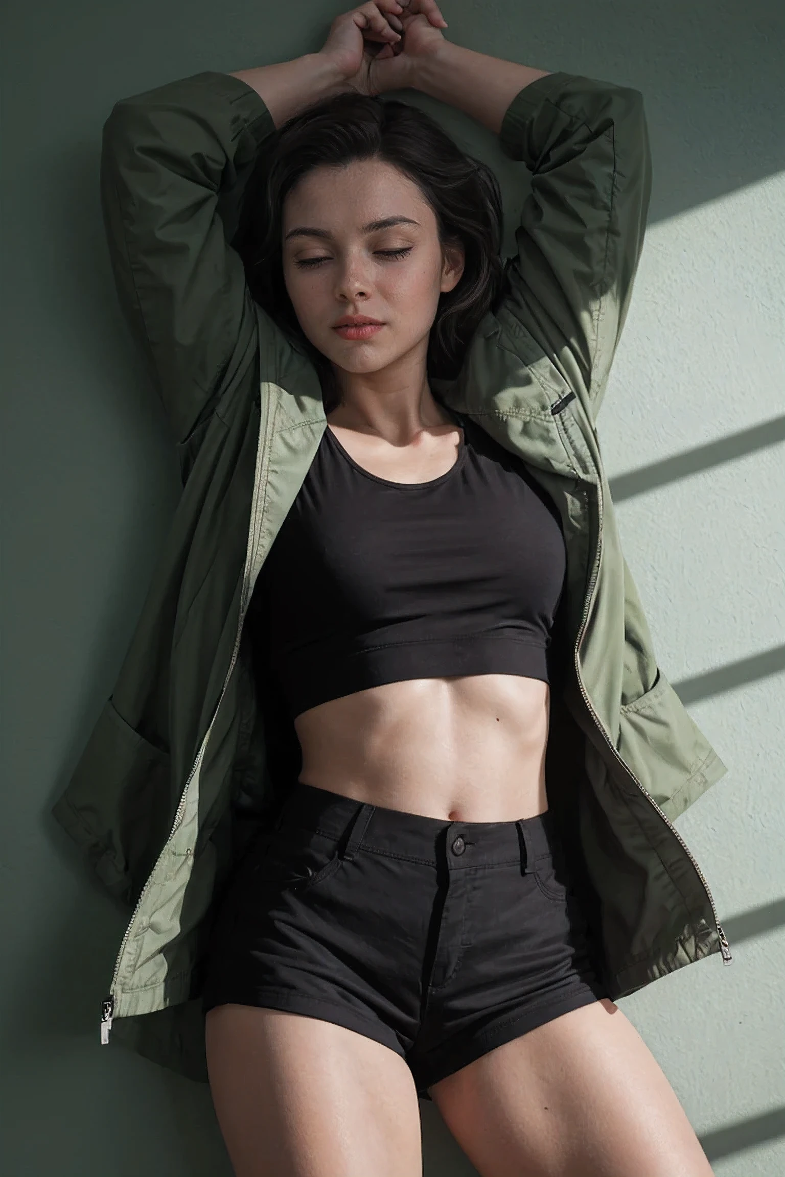 shot on leica, shadowplay, gorgeous lighting, subtle hues ,A 35 yo female german fighter in a green jacket and a low-cut croptop and tight black hotpants lies asleep with her eyes closed.

