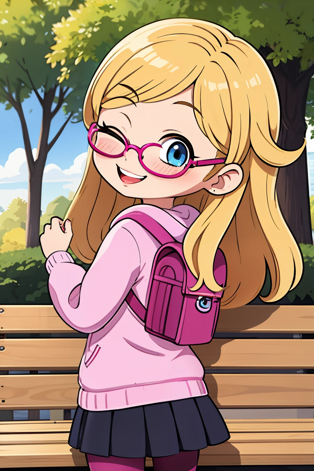 (masterpiece, best quality:1.2), 1girl, solo, penny peterson, giggle, giggling, 1girl, solo, cute, beautiful, long hair, blonde hair, pink highlights on her hair, blue eyes, magenta glasses, bright pink hoodie, dark lavender pleated skirt, white puffy trim, maroon leggings, Carrying a backpack, outside, central park, benches, looking at viewer, looking back, close up, excited expression ,brightly sunshine, cute smile, beautiful art, looking at viewer, one eye closed,