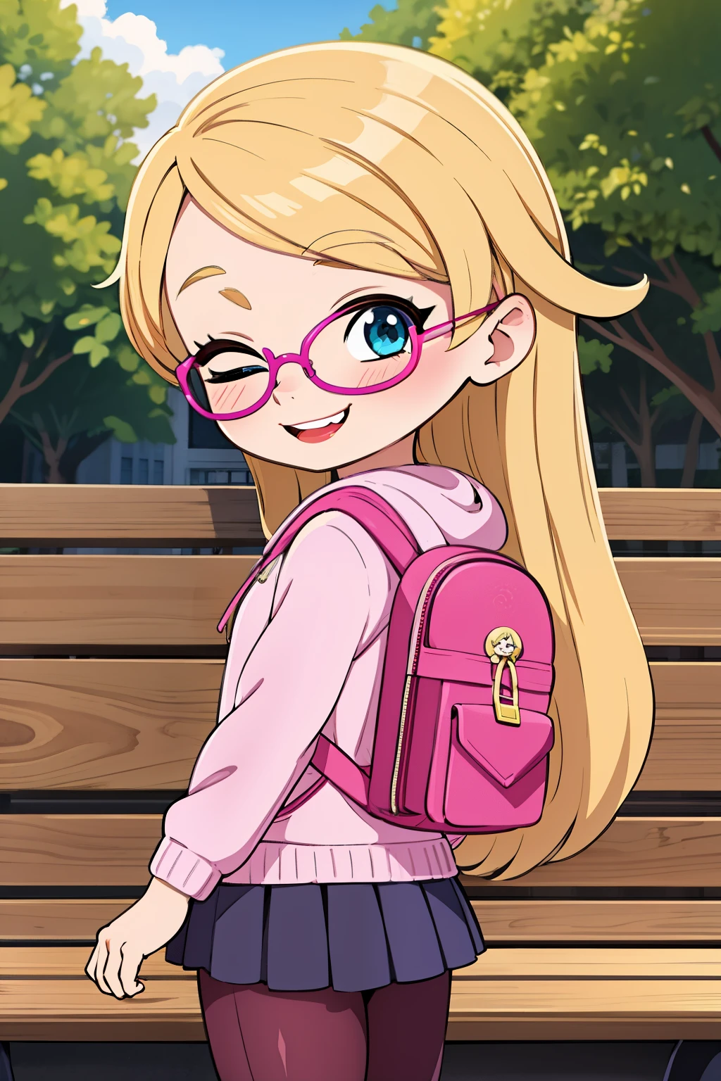 (masterpiece, best quality:1.2), 1girl, solo, penny peterson, giggle, giggling, 1girl, solo, cute, beautiful, long hair, blonde hair, pink highlights on her hair, blue eyes, magenta glasses, bright pink hoodie, dark lavender pleated skirt, white puffy trim, maroon leggings, Carrying a backpack, outside, central park, benches, looking at viewer, looking back, close up, excited expression ,brightly sunshine, cute smile, beautiful art, looking at viewer, one eye closed,