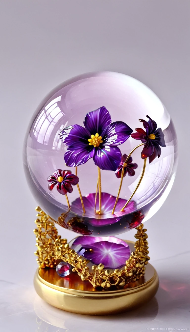 purple flower in a Glass beads with a gold base, realistic glass sculpture, flowers inside of a marble, Surreal Waigi Flowers, Glass beads, Crystal Ball, resin miniature, high quality 3d realistic, Photorealistic 3D artwork, Beautiful glasswork, Violet Planet, Glass sphere, Beautiful flowers and crystals, Very realistic gemstones, Photorealistic 3D art