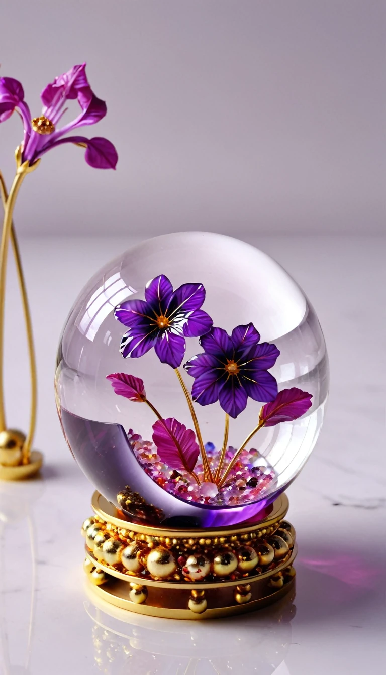 purple flower in a Glass beads with a gold base, realistic glass sculpture, flowers inside of a marble, Surreal Waigi Flowers, Glass beads, Crystal Ball, resin miniature, high quality 3d realistic, Photorealistic 3D artwork, Beautiful glasswork, Violet Planet, Glass sphere, Beautiful flowers and crystals, Very realistic gemstones, Photorealistic 3D art