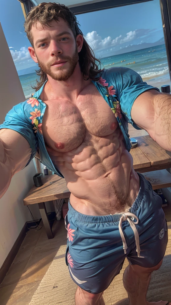 Masterpiece, denoise, void noise, one man, best quality, 8k resolution, male focus, focus only, amazing composition, volumetric lighting, super quality, elegant, Very detailed, beach, front view, facing viewer , -----------, 35 years old, mature face, muscular, thin body, Caucasian, (((white skin, pale skin))), handsome, (detailed light-blue eyes), light brown hair, (medium long hair), big ears, (((hairy pectorals, thick plenty chest and body hair))), ((Medium long beard)), (((((Russell Tovey))))), (((big nipples, perky nipples))), ------------, ((((detailed shorts)))), ((((clear color hawaiian style short sleeve shirt)))), (((holding frame pov: like taking a selfie))),