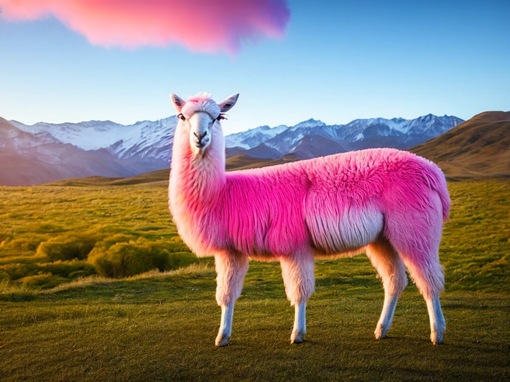 a pink alpaca standing in a field, alpaca, 8 k ultra realistic animal, by Chris LaBrooy, lama, trending on dribbble.com mascot, llama all the way, llama, wild fluffy llama portrait, 8 k ultra realistic creature, portrait of a llama, lama with dreadlocks, fuschia skin, hyper realistic digital art, llama angel of sunrise, no humans, sky, day, cloud, realistic, sheep, outdoors, grass, solo, pokemon (creature), blue sky, standing, mountain, full body, tree