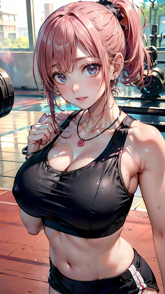 (Masterpiece, BestQuality:1.3), (ultra detailed:1.2), (hyperrealistic:1.3), (RAW photo:1.2), High detail RAW color photo, professional photograph, (Photorealistic:1.4), (realistic:1.4), professional lighting, perfect anatomy, (Big Breasts:1.2), (blush, detailed face), (cheerful Smile:1.5), Trending Hair&Trending Hairカラーをランダムに, earrings, necklace, bracelet, sexy, erotic sexy, Random sexy gravure poses, (A sexy beauty in a black sports bra and shorts is smiling while working out in the gym。Pink ponytail is healthy。:1.3)