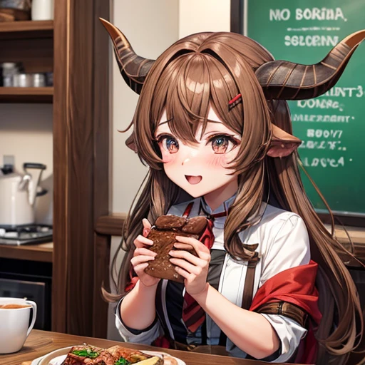 Brown-haired minotaur eating beef Crossdresser