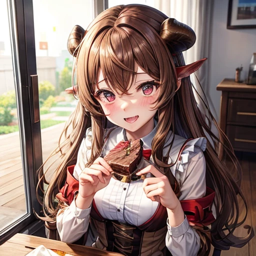 Brown-haired minotaur eating beef Crossdresser