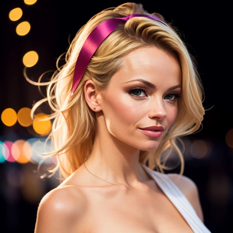 (8k, best quality, masterpiece:1.2),(best quality:1.0), (ultra highres:1.0), pencil colors, Pamela Anderson, shoulder, hair ribbons, by agnes cecile, full body photography, extremely luminous bright design, pastel colors, (ink:1.3), autumn lights
