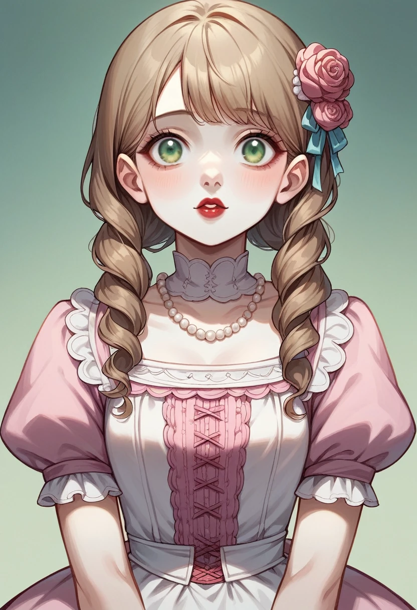 Cute rabbit in armor in manga style , princess, 20 year old European woman, round face, white skin, sharp nose, red cheeks, dimples on the sides of her lips, small red lips, almond-shaped light green eyes, long brown hair to her waist. Pink Victorian style dress, short sleeves, embroidered, slim body, wearing a pearl necklace, hair ornaments