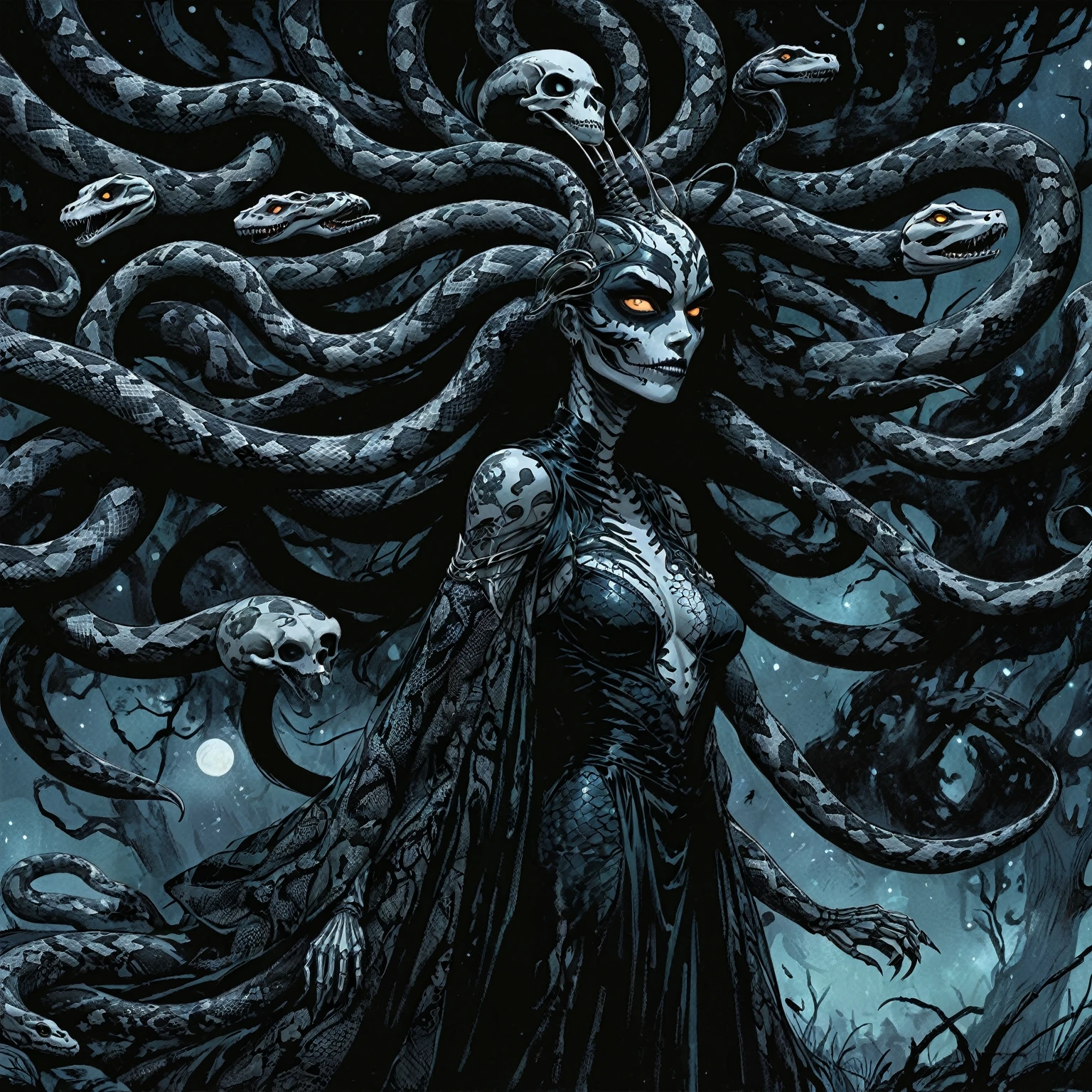 Medusa, wearing snake skin dress cosmic abyss velvet black dress, only light source dazzling glistening reflections of starlight and moonlight off elegant and eloquent dress, unfinished expressive rough-sketch splash page decompressed comic cover art, ink style figure, ((expressive Joelle Jones and "Sean Gordon Murphy" comic drawing)), wordless, cinematic poster, morphology anatomy drawn Frederic Delavier musculature anatomical illustration, (face, ornate blackmetal corpsepaint, resembles Grace Jones), abyss void black no visibility darkness, full length portrait, (background, pine barrens, entropy, rewilding, magic hour sunset, galaxy stars, cosmos), (colors, bleak muted deep fiery radiant glowing ROYGBIV, forest green, earth brown), candid, snake skin dress, (body, Naga, snakefolk, lower body snake tail, snake woman hybrid, bald, hairless, skeleton, snake skin tattoos, piercing eyes, snake pupils, over the shoulder), craftsmanship nuance, (Gerardo Zaffino charcoal), (horror, abstract, surreal, body, cosmic), subliminal orchids, nyctophobia, silhouette, double exposure, image within image,