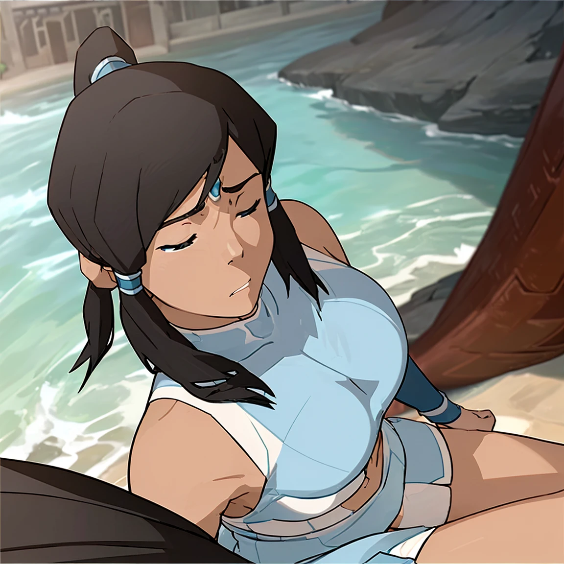 Katara,waterbender,beautiful detailed eyes,beautiful detailed lips, happy expression,no cloting,hair floating in the wind,serene background,anime style,(best quality,realistic,photorealistic:1.37),vibrant colors,soft lighting nude tits pussy missionary position spreading legs foot in the air, lovely face, pussy showing arm in the air 