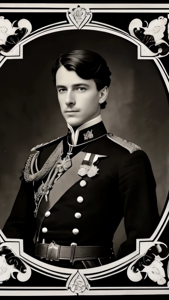 a black and white photo of a man in uniform with a horse, a portrait inspired by Prince Hoare, flickr, art nouveau, portrait of a victorian era duke, portrait of a victorian duke, author unknown, beautiful androgynous prince, delicate androgynous prince, majesty in noble clothes, john singer sargant, in full military garb