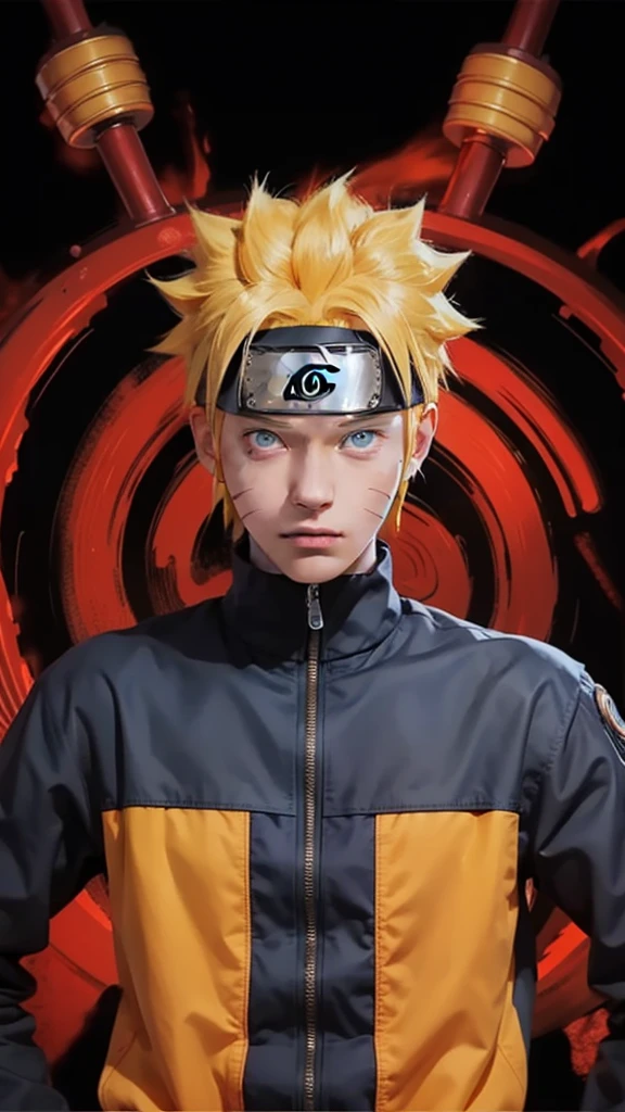 1 male, Naruto Uzumaki from the anime Naruto, short hair , Yellow Hair, blue eyes, good looking, Orange clothes, Realistic clothes, Clothing Details, Outdoor Background, Super detailed, Realistic