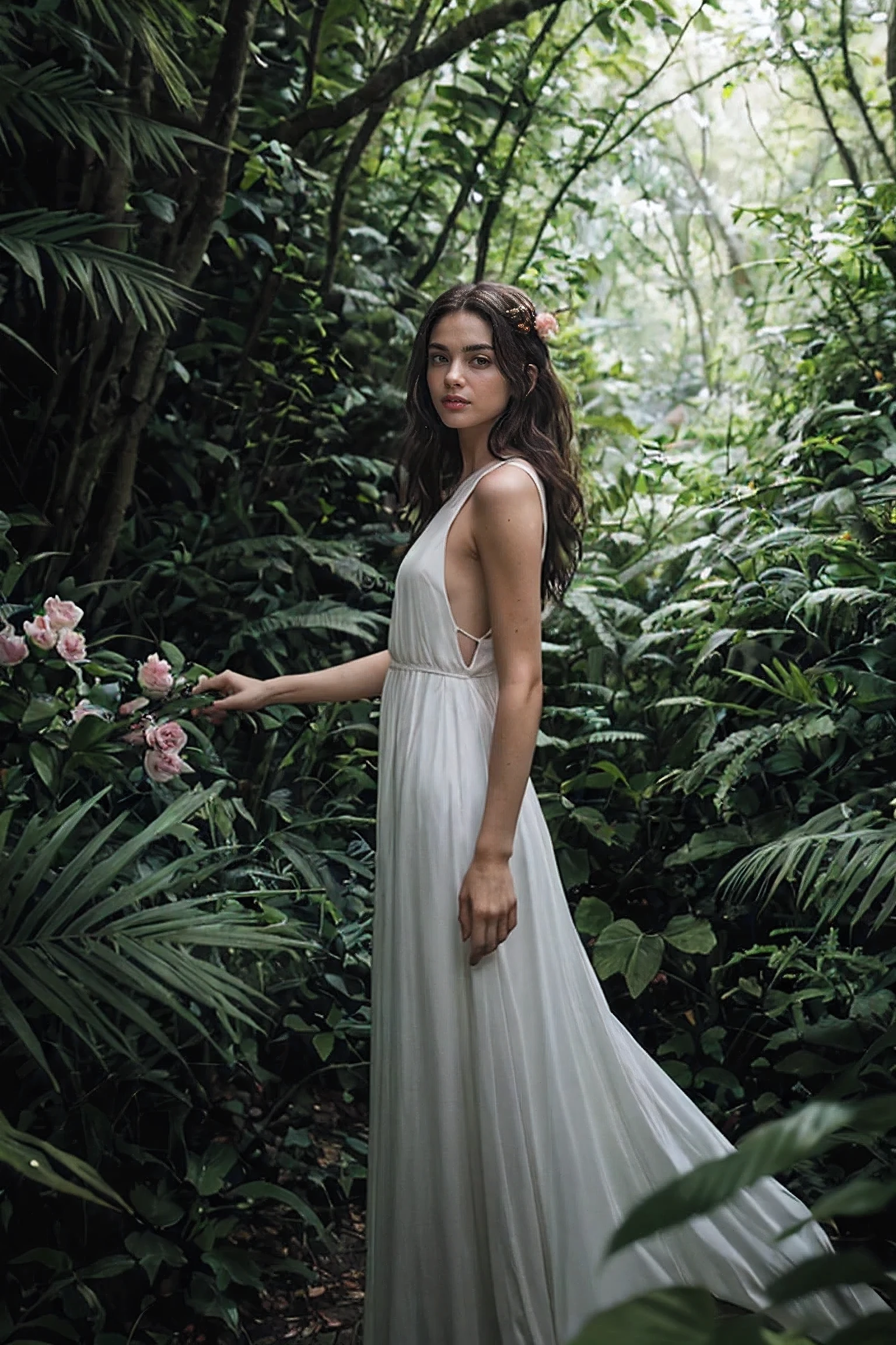 shot on leica, shadowplay, gorgeous lighting, subtle hues ,In a lush forest, the supermodel is dressed in a flowing, ethereal dress made of flowers and vines, blending seamlessly with the surrounding nature.