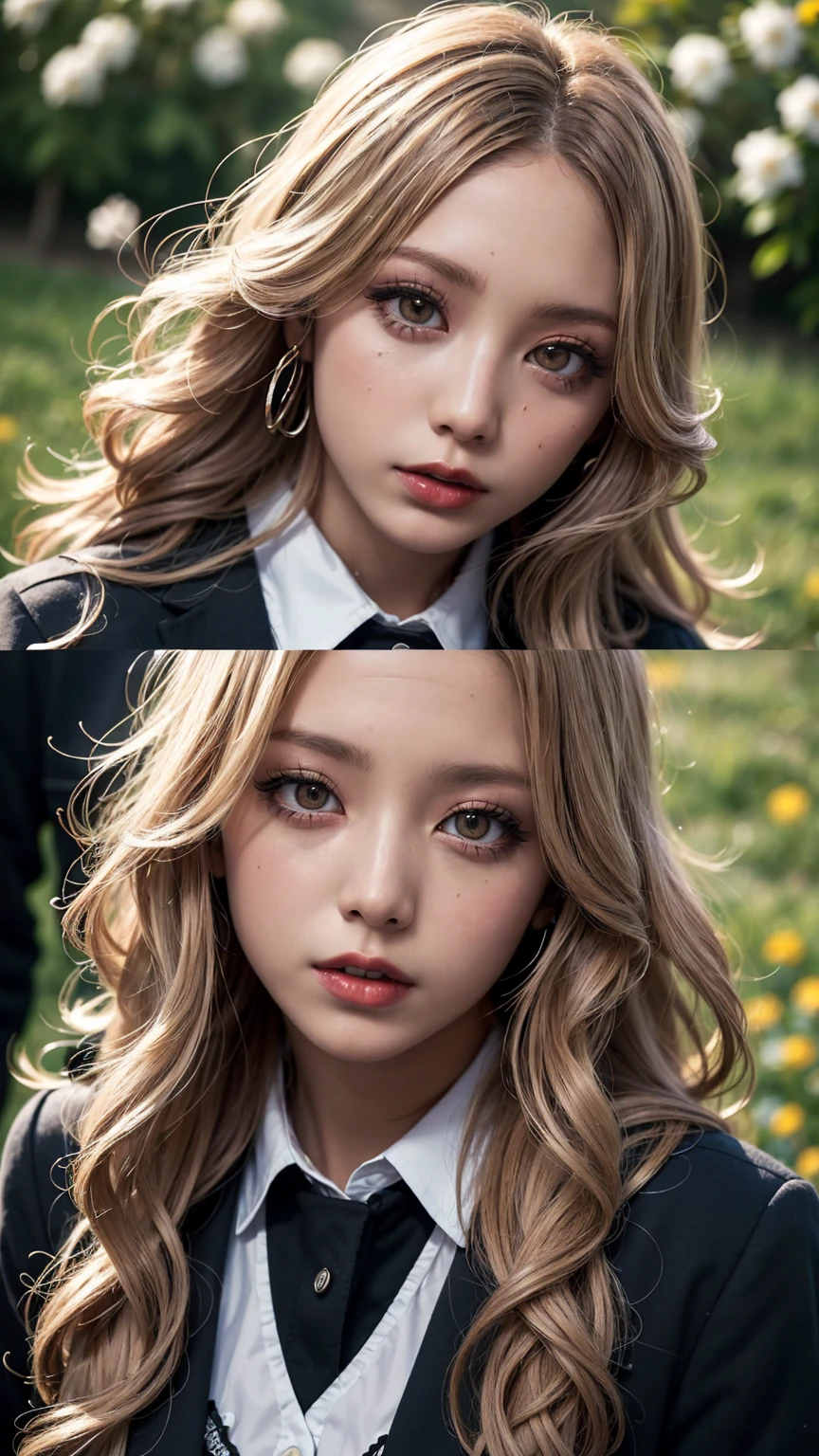 Realistic, masterpiece, Highest quality, Highest Resolution, Japanese , 16 years old, Upper body photo, Looks sleepy, Spaced out, Open your mouth, Beautiful and detailed eye drawing, (Droopy eyes:1.3), Dark Eyes, Thin eyebrows, Draw eyelashes carefully, Eyelash extensions, Gal Makeup, Orange Cheeks, (White brown wavy hair, Long Hair, middle part:1.3), (Hidden eyelid wrinkles:1.3), (Gothic uniform, blazer, Add a little armor feel:1.2), (The subject was photographed from above at an angle:1.3), (Flower Field:1.3), (Face close-up, Stand up and impress the crowd:1.5)
