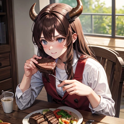 Brown-haired minotaur eating beef　youth　