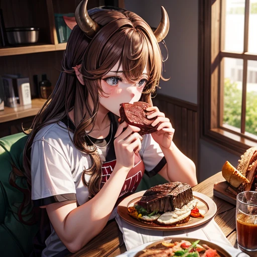Minotaur woman eating beef　Brown Hair　Large Breasts　Wearing a cowbell necklace