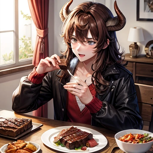 Brown-haired minotaur eating beef youth