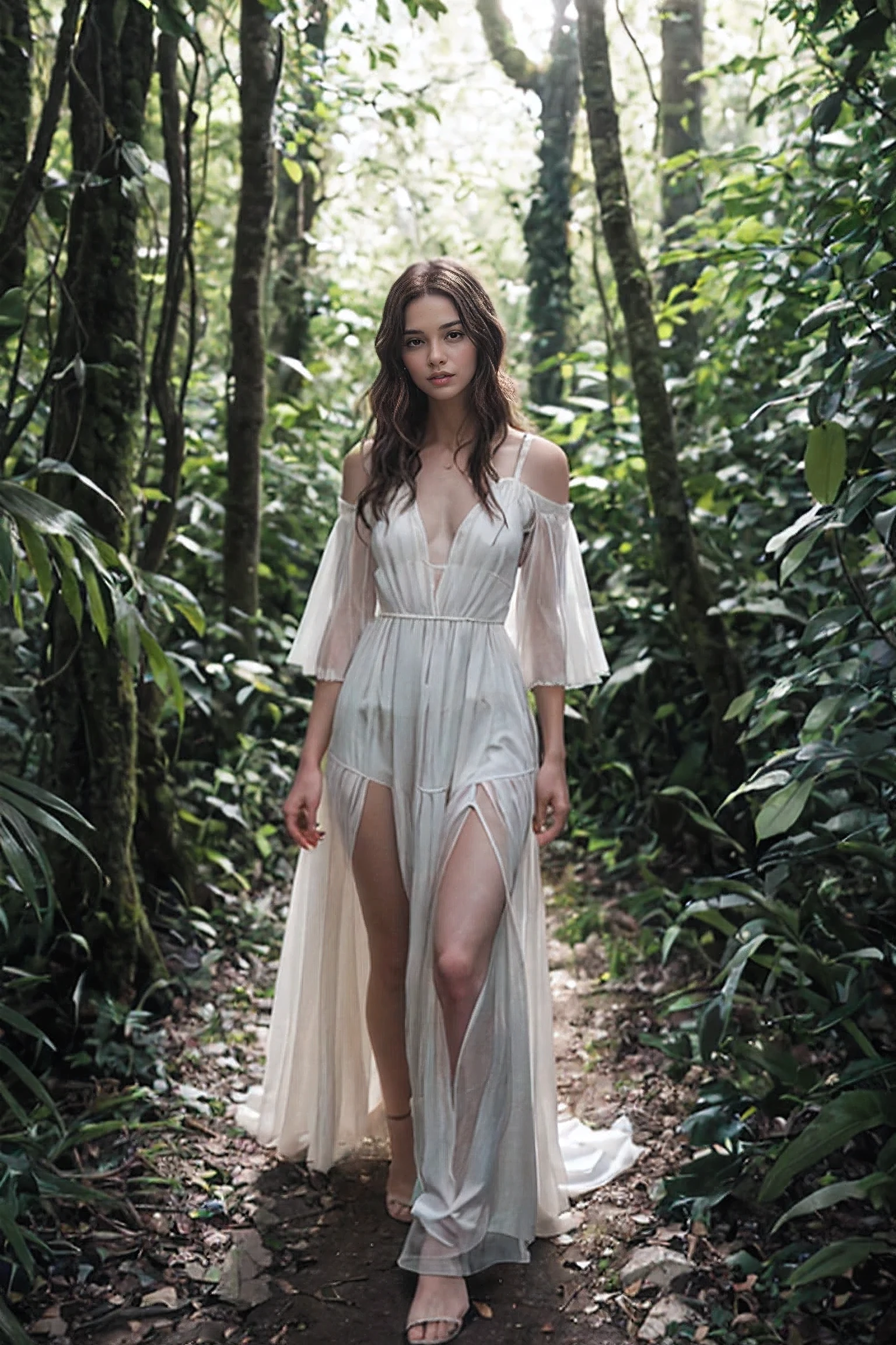 shot on leica, shadowplay, gorgeous lighting, subtle hues ,In a lush forest, the supermodel is dressed in a flowing, ethereal dress made of flowers and vines, blending seamlessly with the surrounding nature.