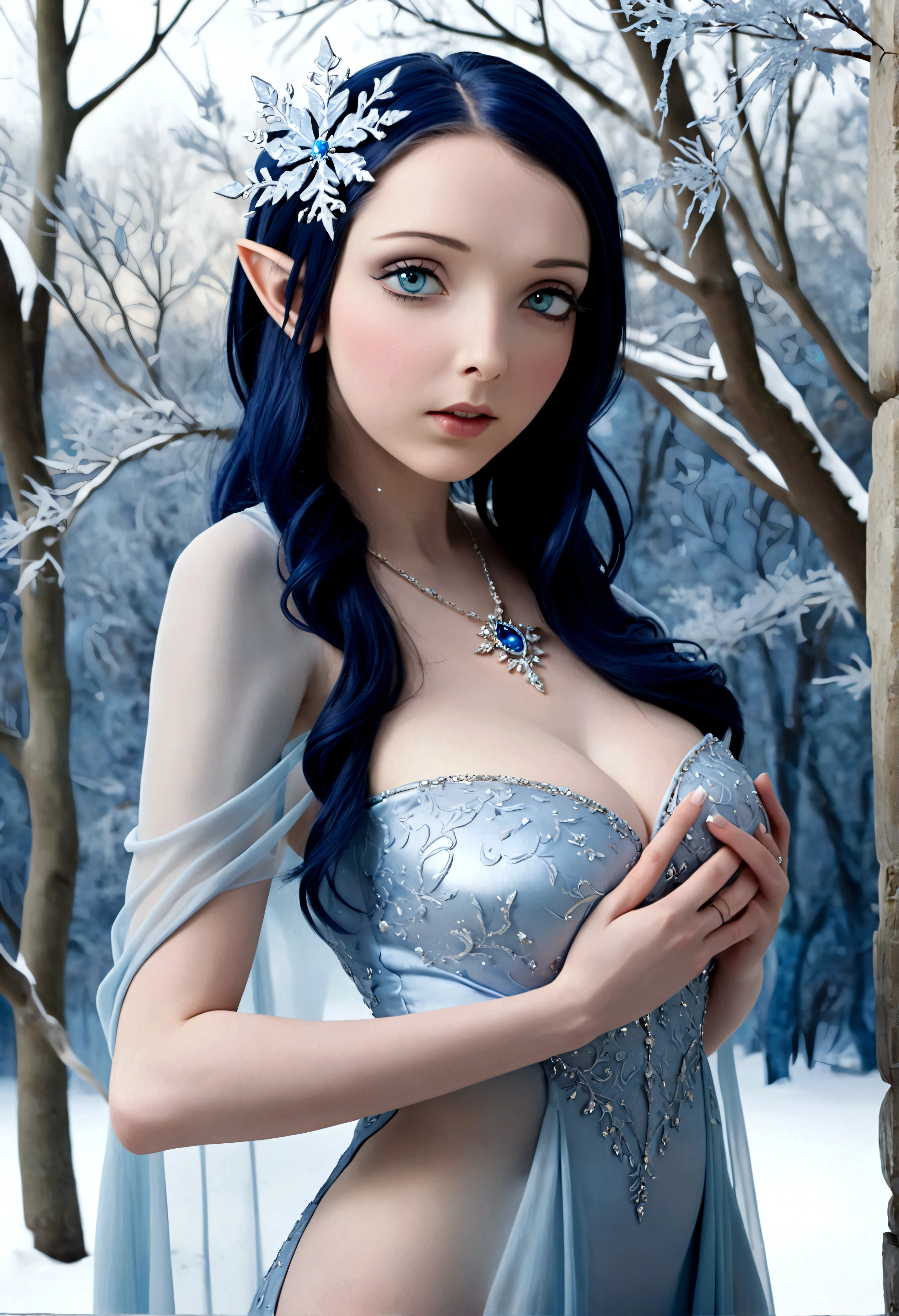 A ice elf (lovely woman, pale blue skin, deep blue hair and eyes, sheer reflective evening dress) acting alluring in a winter wonder land