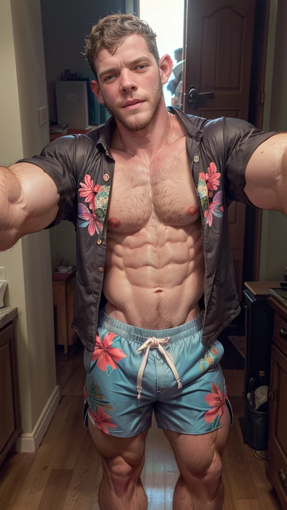 Masterpiece, denoise, void noise, one man, best quality, 8k resolution, male focus, focus only, amazing composition, volumetric lighting, super quality, elegant, Very detailed, beach, front view, facing viewer , -----------, 35 years old, mature face, muscular, thin body, Caucasian, (((white skin, pale skin))), handsome, (detailed light-blue eyes), light brown hair, (messy hair), big ears, (((hairy pectorals, thick plenty chest and body hair))), ((Medium long beard)), (((((Russell Tovey))))), (((big nipples, perky nipples))), ------------, ((((detailed shorts)))), ((((clear color hawaiian style short sleeve shirt)))), (((holding frame pov: like taking a selfie))),