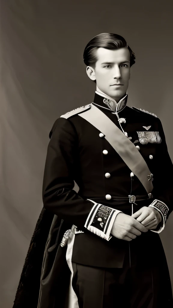 a black and white photo of a man in uniform with a horse, a portrait inspired by Prince Hoare, flickr, art nouveau, portrait of a victorian era duke, portrait of a victorian duke, author unknown, beautiful androgynous prince, delicate androgynous prince, majesty in noble clothes, john singer sargant, in full military garb