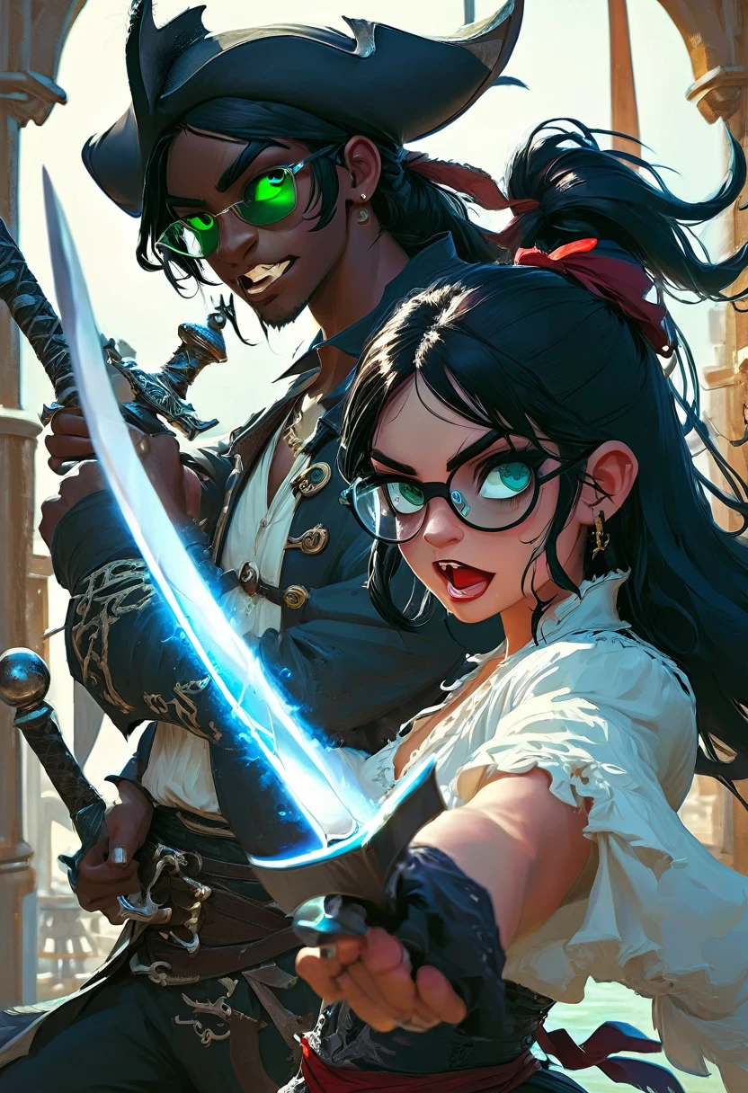 Two girls, a pirate with black hair, dark skin and green eyes, a patch on his right eye and a vampire with blue eyes and glasses, fighting with swords.