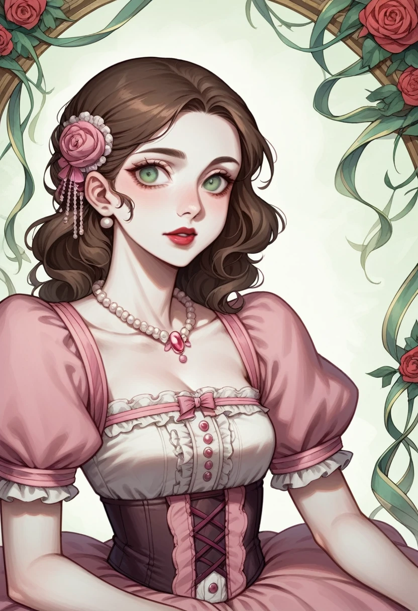 princess, 20 year old European woman, round face, white skin, sharp nose, red cheeks, dimples on the sides of her lips, small red lips, almond-shaped light green eyes, long brown hair to her waist. Pink Victorian style dress, short sleeves, embroidered, slim body, wearing a pearl necklace, hair ornaments